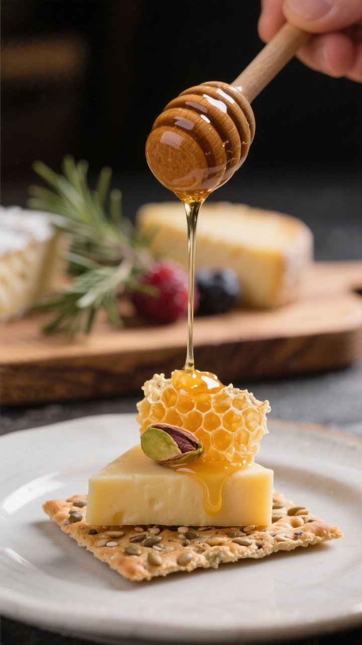 Close-up process shot of honey being drizzled over a plated bite from the cheese board: a thin trian