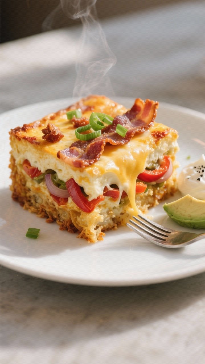 Close-up slice on a white plate, restaurant-quality plating: a neatly cut square of the casserole sh