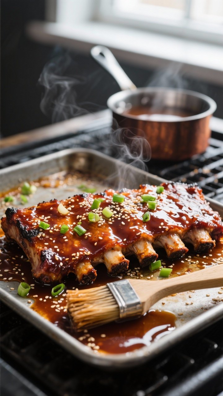 Cooking process, broiler finish: Close-up of cooked pork ribs on a sheet pan just pulled from the br