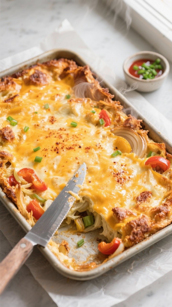 Cooking process — casserole mid-bake: Overhead shot of a 9x13 breakfast casserole just pulled from