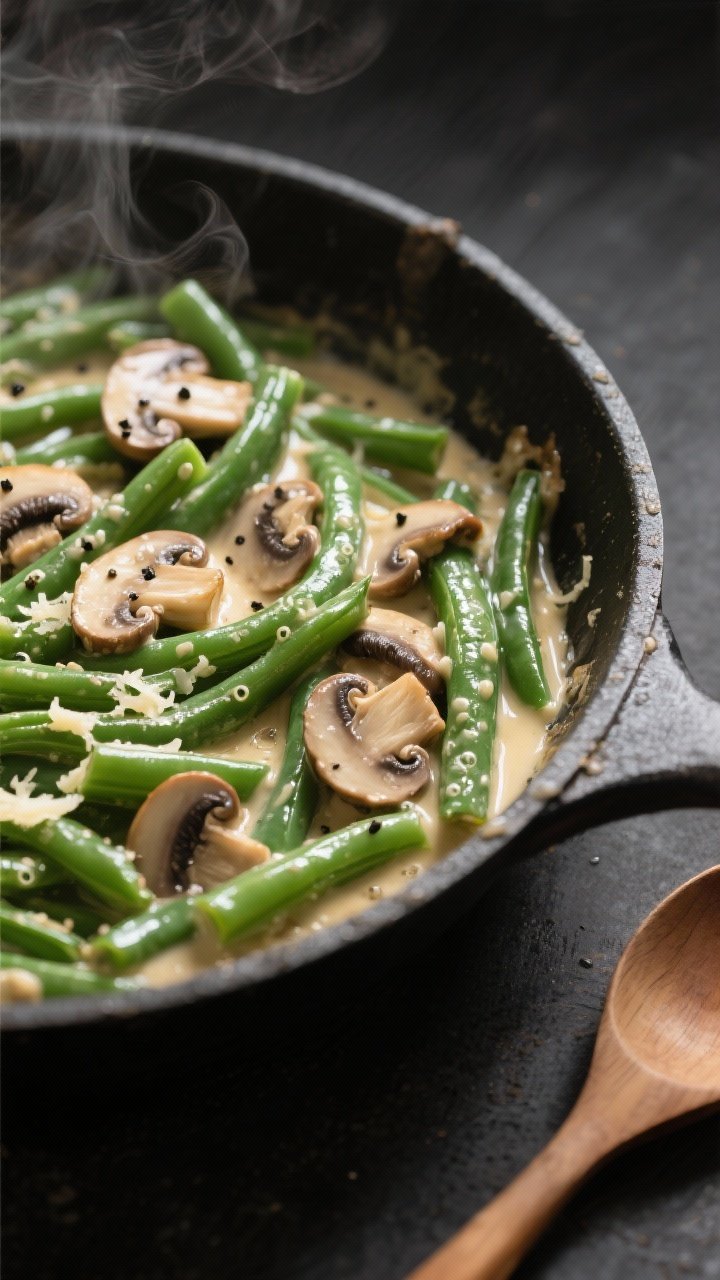 Cooking process close-up: A skillet scene of the green bean casserole just before baking—blanched,