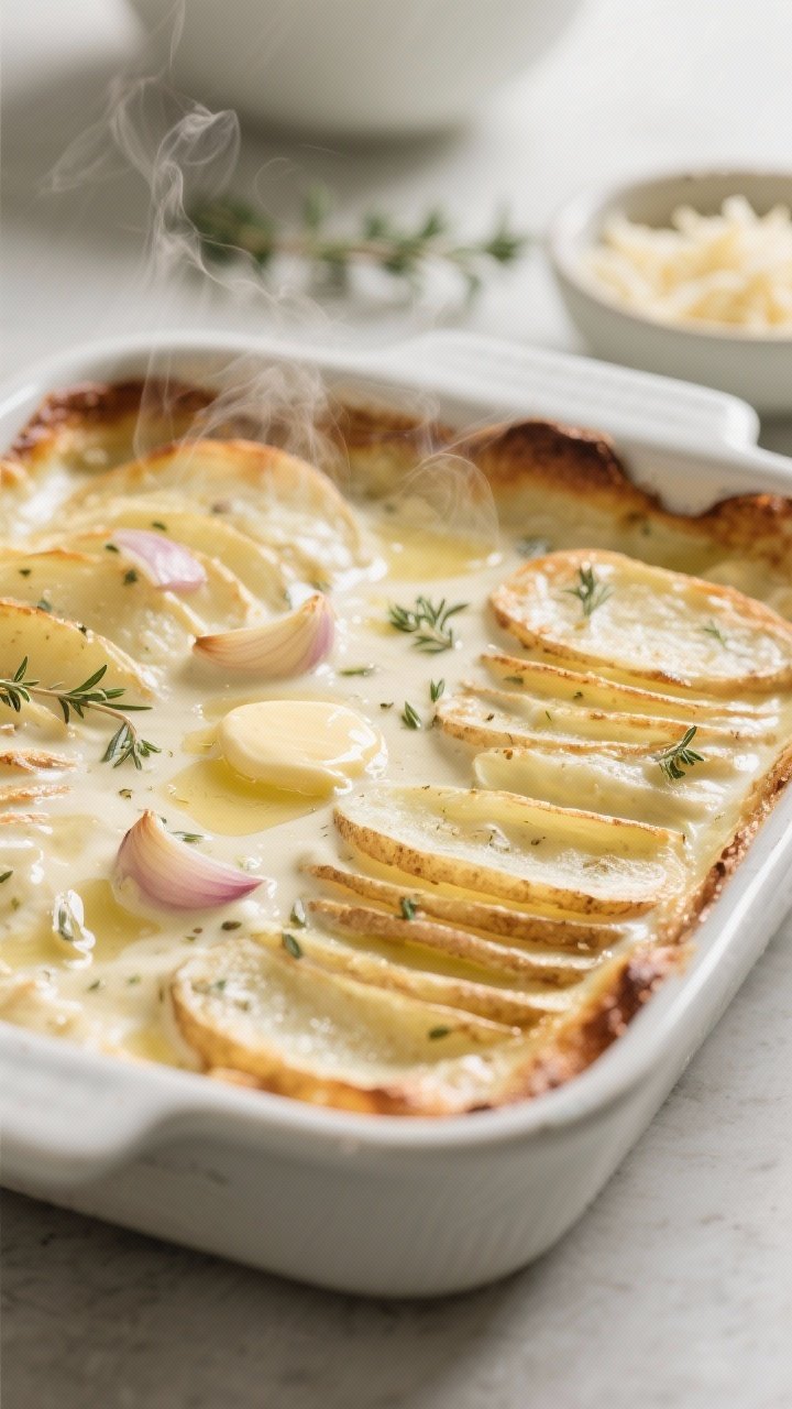 Cooking process, close-up detail: A bubbling potato bake mid-par-bake in a 2-quart enamel baking dis
