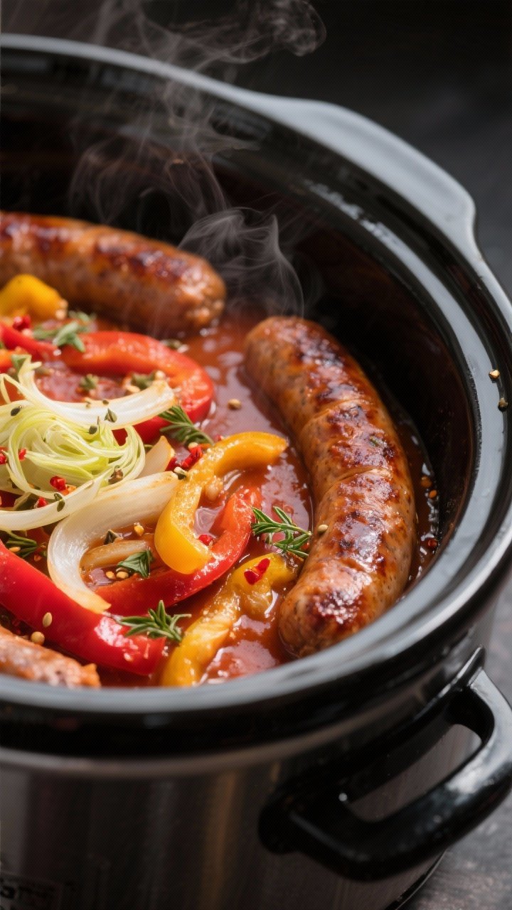 Cooking process, close-up detail: Slow cooker sausage and peppers with fennel simmering in a glossy 
