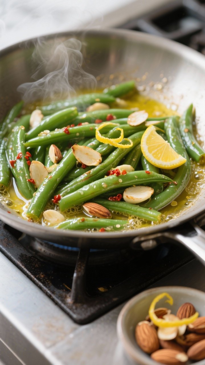 Cooking process close-up: Sautéed green beans almondine in a wide stainless skillet, beans glisteni