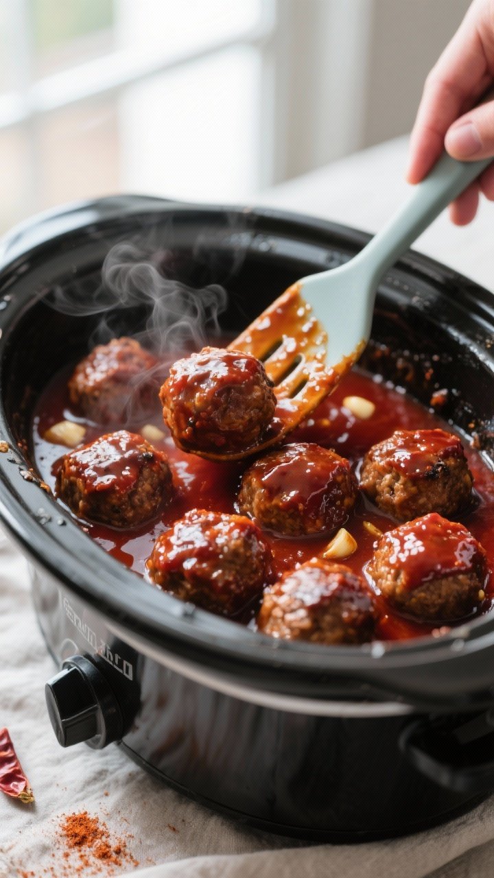 Cooking process close-up: Slow cooker filled with glossy, fully cooked smoky BBQ meatballs simmering