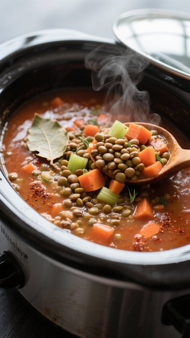 Cooking process close-up: Slow cooker lentil soup mid-cook, lid off, steam rising, showing tender br