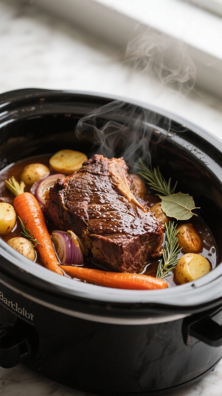 Cooking process close-up: Tender chuck roast in a slow cooker mid-braise, fully cooked and glossy, n