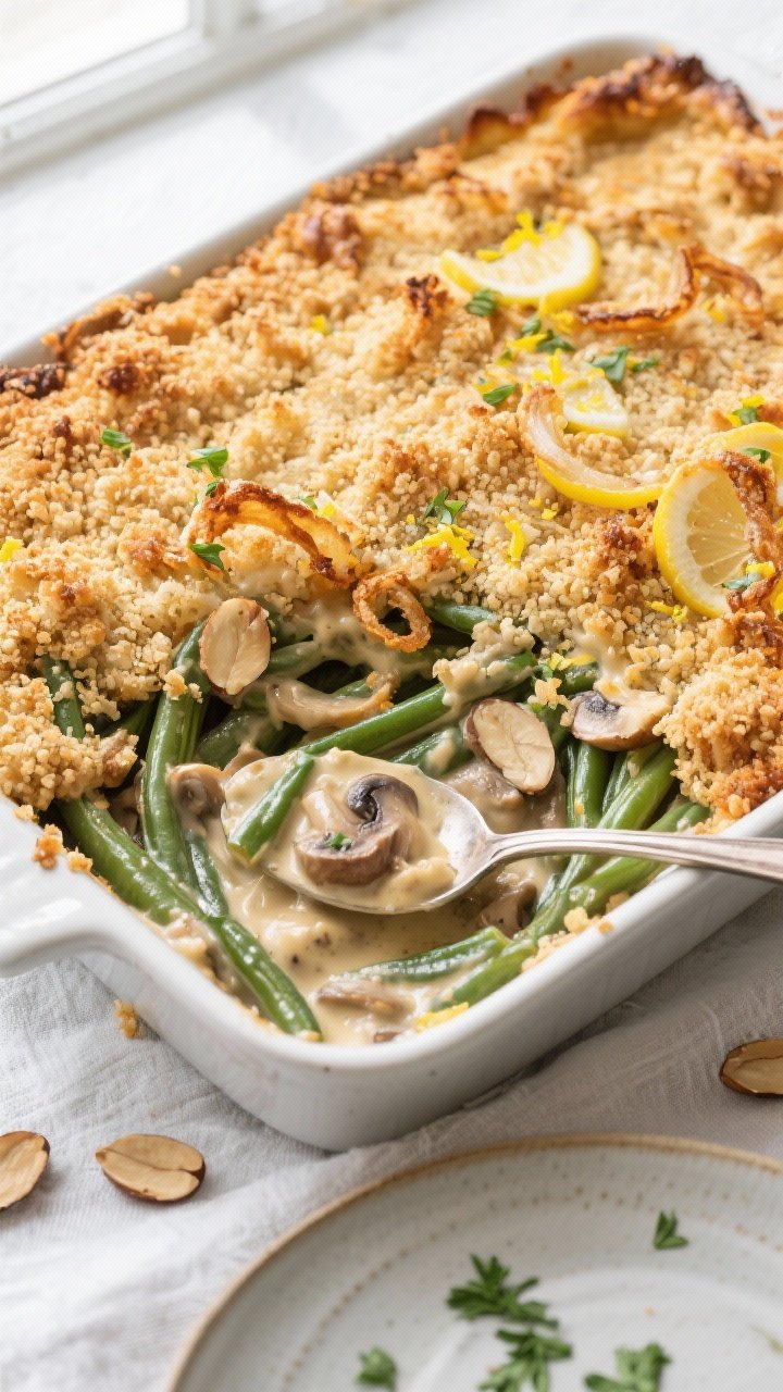 Final dish overhead: Golden-baked Green Bean Casserole in a 9x13 dish, top-down shot showing an even