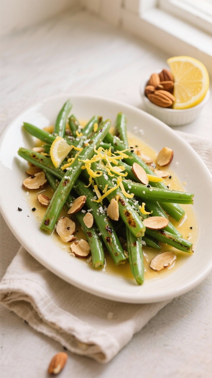 Final dish overhead: Green Bean Almondine with Lemon plated on a warm white oval platter, bright gre