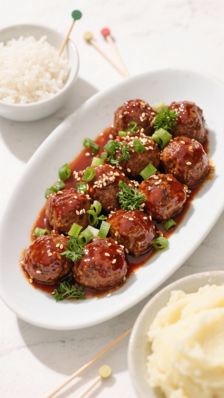 Final dish overhead: Tasty top-view of Smoky BBQ Meatballs served appetizer-style in a shallow white