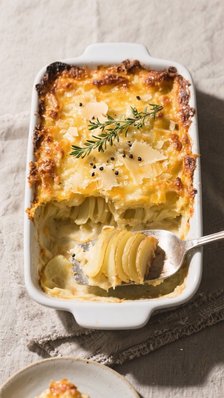 Final dish, overhead top view: Deep-golden Creamy Potato Bake with Gruyere just out of the oven, top
