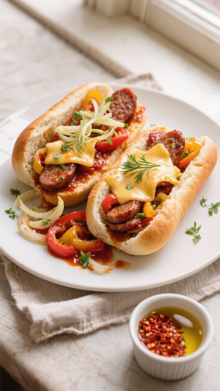 Final dish, top view: Overhead shot of sliced Italian sausage and peppers with fennel piled into toa