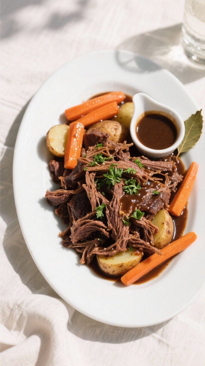 Final plated overhead: Overhead shot of shredded balsamic pot roast served on a wide white platter w