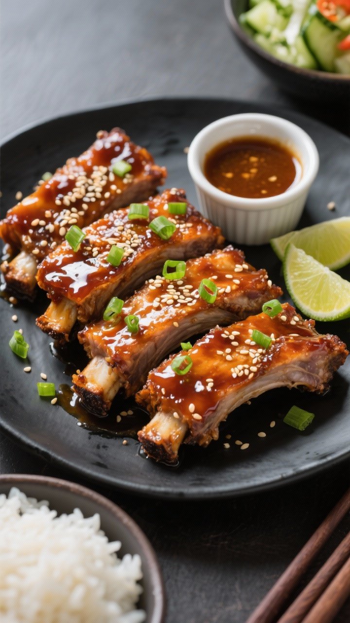 Final plated, overhead: Tasty top-down shot of slow cooker honey garlic ribs arranged in neat sectio