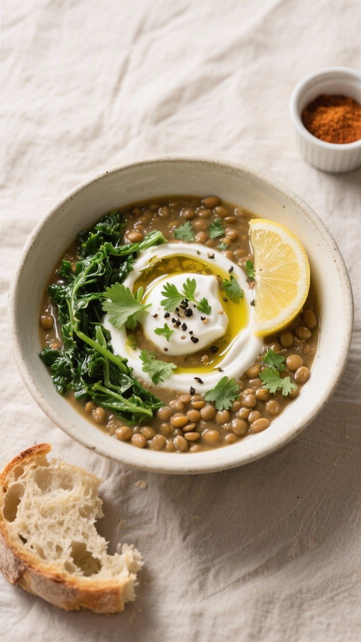 Final plated overhead: Tasty top view of a bowl of slow cooker lentil soup finished with wilted kale