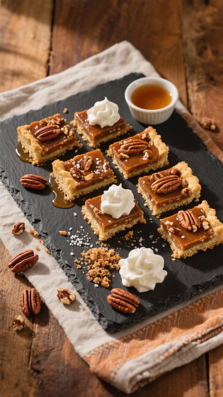 Overhead final presentation of neatly sliced pecan pie bars arranged in a staggered grid on a dark s