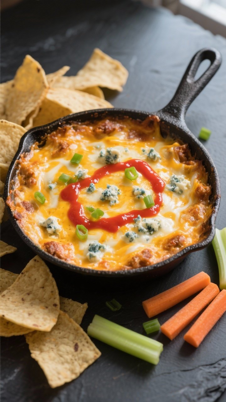 Overhead shot of Easy Chicken Dip just out of the oven in a small cast-iron skillet: edges bubbling,