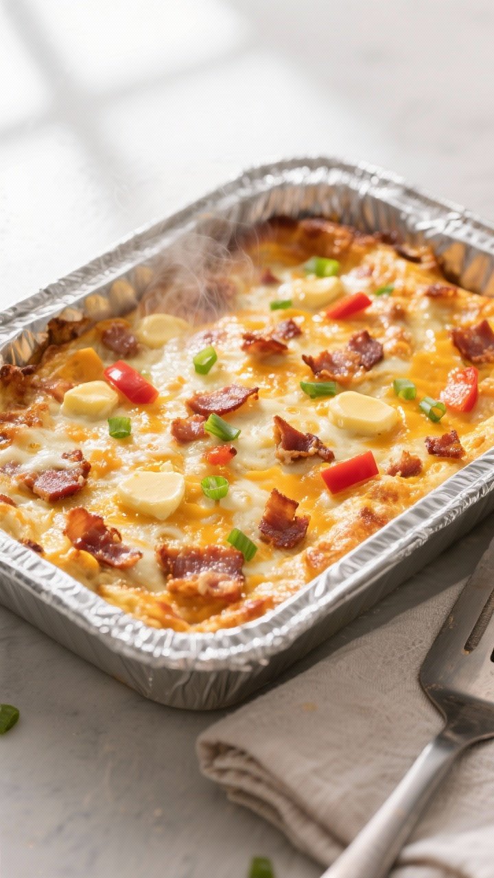 Overhead shot of the baked breakfast casserole just out of the oven in a 9x13 dish: golden, lightly 