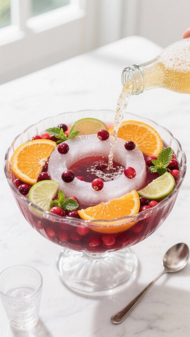 Overhead shot of the prepared holiday punch base being finished in a clear glass punch bowl: deep ru